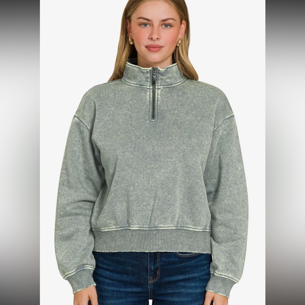 Women’s Washed Grey Quarter-Zip Pullover Sweatshirt - Picture 3 of 10